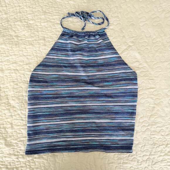 Moda Intl Tops - Moda Intl Vintage Blue Striped Halter Top Crop Neck Tie
